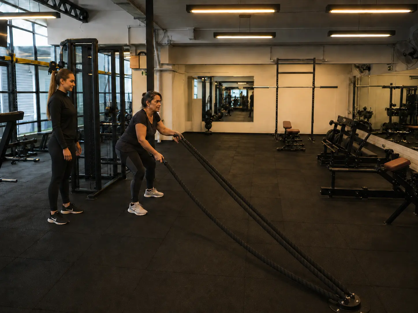 Aluna praticando treinamento funcional com acompanhamento de uma professora