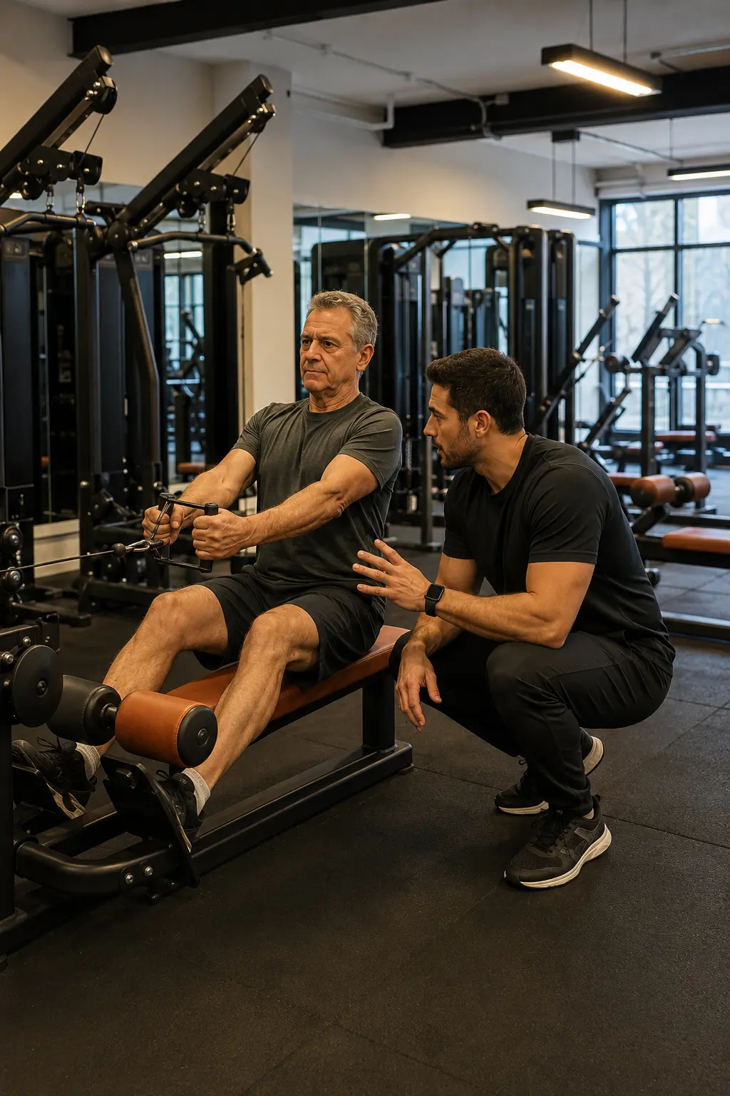 Aluno em treino de musculação com orientação próxima de um professor